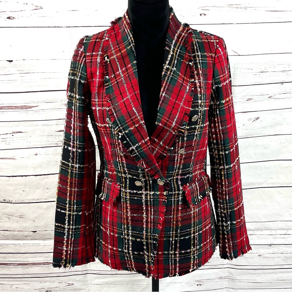 Rachel Zoe Blazer Jacket Women’s S‎ Double Breasted Tweed Red Green Plaid.